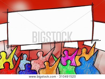 Social Problems Concept Image. A Group Of People Protest To Enforce Their Rights - Image With Space 