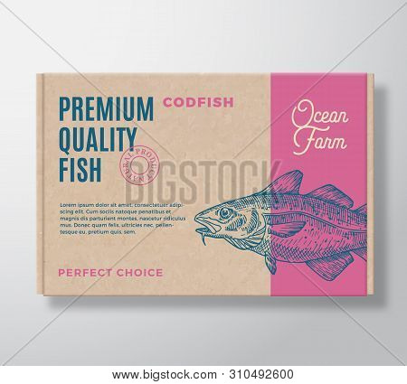 Premium Quality Fish Realistic Cardboard Box. Abstract Vector Packaging Design Or Label. Modern Typo
