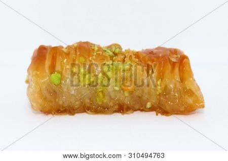 Turkish Style Antep Baklava With Walnut And Pistachio Isolated On White Background.