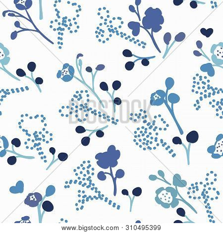 White Vector Repeat Pattern With Small Blue Hand Drawn Doodle Florals And Embroidery Elements.