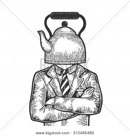 Kettle Pot Head Businessman Sketch Engraving Vector Illustration. Scratch Board Style Imitation. Bla