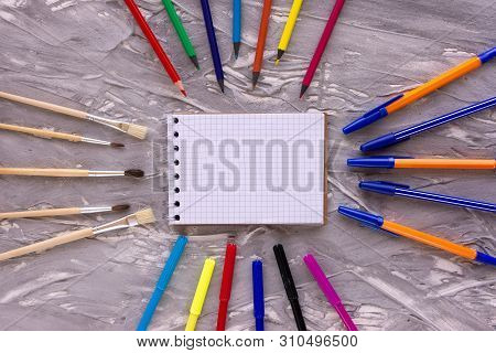 Items For Creativity Around The Notebook. Sketchbook For Drawing.