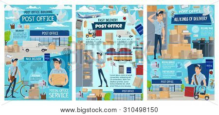 Post Office And Postal Service Of Mail Delivery Vector Design. Cartoon Postman Or Courier, Letters, 