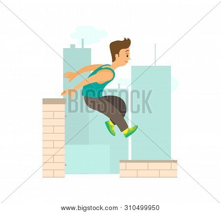 Extreme Sport Parkour, Man Running By Roof, Buildings And Skyscrapers. Person In Sportwear Jumping O