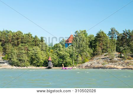 Naantali, Finland - 28 June, 2019: View From The Sea To Park Moomin World At Sunny Summer Day, Naant