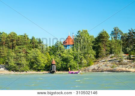 Naantali, Finland - 28 June, 2019: View From The Sea To Park Moomin World At Sunny Summer Day, Naant