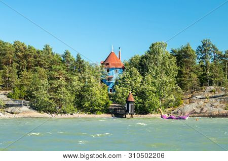 Naantali, Finland - 28 June, 2019: View From The Sea To Park Moomin World At Sunny Summer Day, Naant