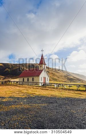 Colorful Rustic , Church On An Iceland Plain Near Glaumbaer, Iceland.