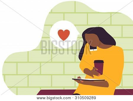 Online Shopping Concept Illustration, Flat Design Vector Poster. Young Woman Put Value On Sth Online