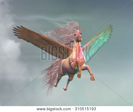 Pegasus In Clouds 3d Illustration - A White Pegasus Stallion A Creature Of Myth And Folklore Flies M