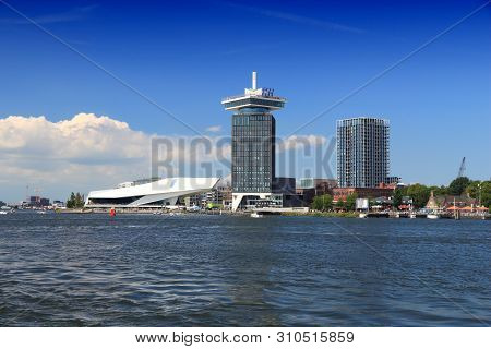 Amsterdam, Netherlands - July 9, 2017: Skyline Of Modern Part Of Amsterdam, Capital City Of The Neth