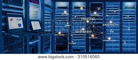 Network Monitoring Concept, Connection Monitoring Services Icon On Data Center Room