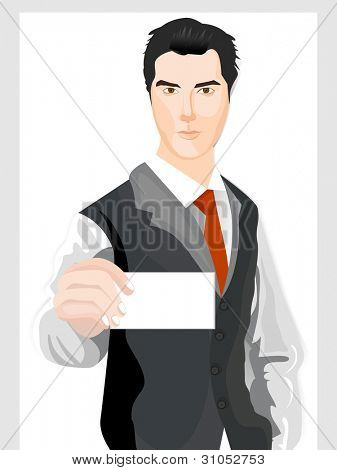 Ilustración vectorial de un hombre de negocios con una tarjeta de visita en blanco sobre fondo blanco.