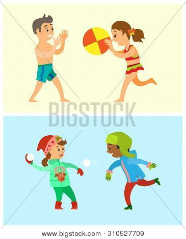 Volleyball And Snowballs, Children Playing Outside In Summer And Winter Vector. Outdoor Activities, 