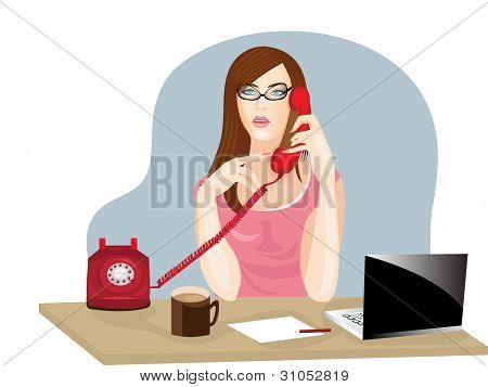 Vector illustration of a young business woman or receptionist talking on phone on reception desk.