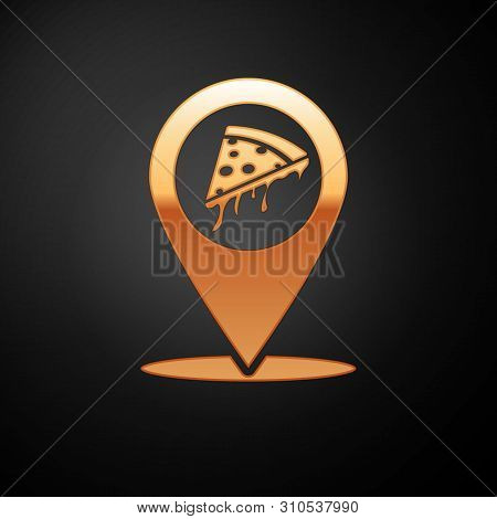 Gold Map Pointer With Fast Food Slice Pizza Icon Isolated On Black Background. Pizzeria Location Ico
