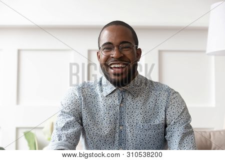 Happy Black Man Video Calling Looking At Camera At Home