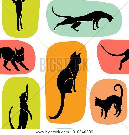 Hand Drawn Vector Cat Silhouette Pattern In Trndy Colors.