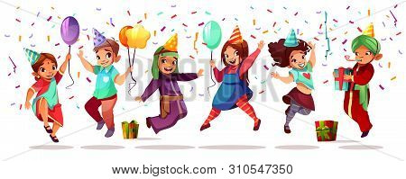 Children Of Different Nationality Celebrating Birthday Or Holiday With Color Balloons, Gifts And Con