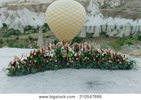 Outdoor Wedding Ceremony In Cappadocia, Turkey. Decorations For A Wedding Ceremony In Cappadocia