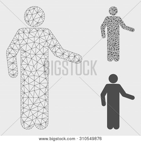 Mesh Invitation Pose Model With Triangle Mosaic Icon. Wire Carcass Polygonal Network Of Invitation P