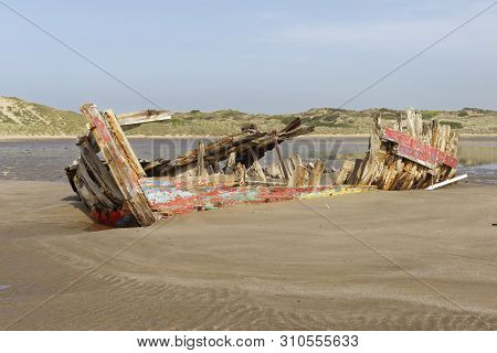 Old Fishing Boat Wreck, Crow Point, Braunton, North Devon, Uk