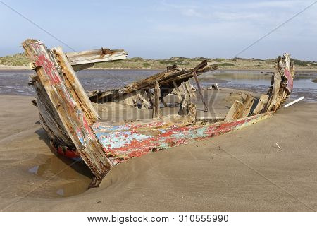 Old Fishing Boat Wreck, Crow Point, Braunton, North Devon, Uk