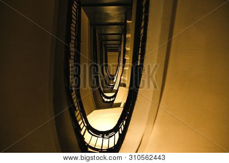 Staircase Inside Apartment Building Bottom View. Residential Building Inside