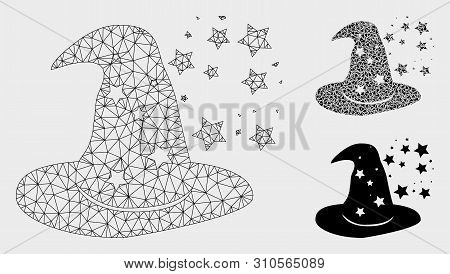 Mesh Magic Hat Model With Triangle Mosaic Icon. Wire Frame Triangular Mesh Of Magic Hat. Vector Mosa