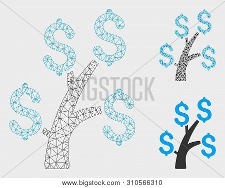 Mesh Money Tree Model With Triangle Mosaic Icon. Wire Frame Triangular Mesh Of Money Tree. Vector Mo
