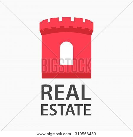 Vector Logo Design For A Company Engaged In Real Estate. Red Tower Of Castle Shows Reliability And A