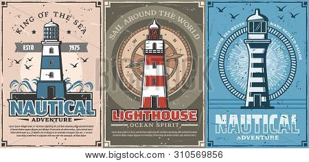 Lighthouse And Vintage Nautical Compass Vector Posters Of Sea Travel And Marine Adventure Design. Sa