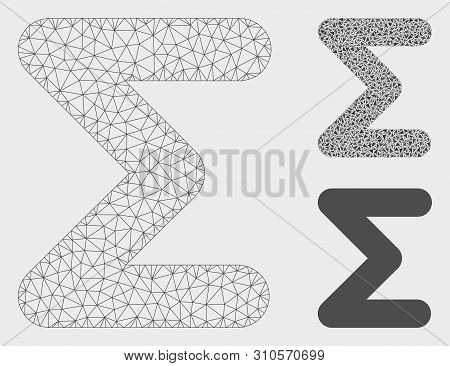 Mesh Sum Model With Triangle Mosaic Icon. Wire Carcass Triangular Mesh Of Sum. Vector Composition Of