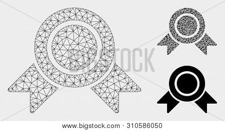 Mesh Honour Medal Model With Triangle Mosaic Icon. Wire Carcass Triangular Mesh Of Honour Medal. Vec
