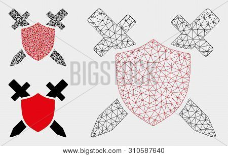 Mesh Guard Shield Model With Triangle Mosaic Icon. Wire Frame Triangular Mesh Of Guard Shield. Vecto