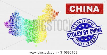 Factory China Map And Blue Stolen By China Distress Seal Stamp. Colorful Gradiented Vector China Map