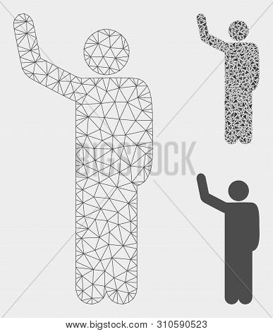 Mesh Hello Pose Model With Triangle Mosaic Icon. Wire Carcass Polygonal Mesh Of Hello Pose. Vector C