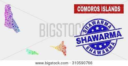 Engineering Comoros Islands Map And Blue Shawarma Textured Stamp. Spectral Gradient Vector Comoros I