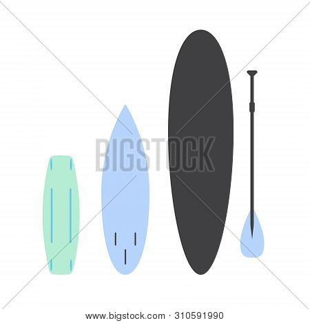 Vector Flat Cartoon Set Collection Of Different Surf Stand Up Paddle And Wake Boards Isolated On Whi