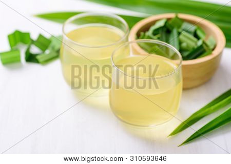 Pandan Drink And Sliced Pandan Leaf In A Bowl, Healthy Drink In Asian