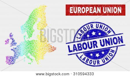 Construction European Union Map And Blue Labour Union Scratched Seal. Spectral Gradient Vector Europ
