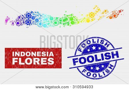 Factory Flores Islands Of Indonesia Map And Blue Foolish Textured Seal. Spectrum Gradiented Vector F