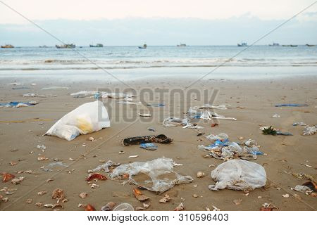 Trash, Plastic, Garbage, Bottle... Environmental Pollution On Sandy Beach. Royalty High-quality Stoc