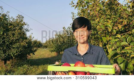 Gardener Posing In The Orchard. Happy Candid Caucasian Woman Standing In The Garden With Fruit Trees