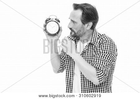 Time Is Marching On. Senior Man Looking At Clock. Bearded Man With Clock. Mature Timekeeper With Clo