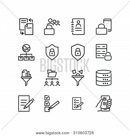 Data Analyzing Icons. Set Of Line Icons. Copywriting, Cylindrical Database, Data Filter. Information