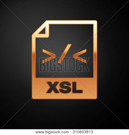 Gold Xsl File Document Icon. Download Xsl Button Icon Isolated On Black Background. Excel File Symbo