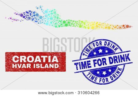 Engineering Hvar Island Map And Blue Time For Drink Grunge Seal Stamp. Spectral Gradient Vector Hvar