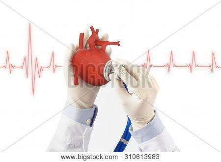 Doctor Hold Heart Listens Heart Pulse, Cardiology Symptoms , 3d Concept