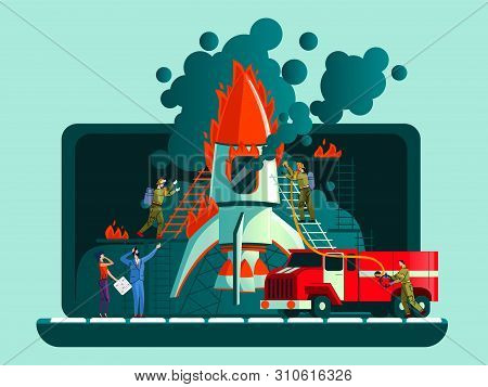 Rocket Crash, Failed Start Up, Bad Plan Business Concept Vector Illustration. Open Laptop, Rocket Ca